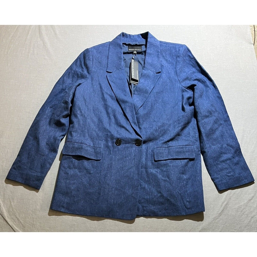 Banana Republic Blazer Womens 12 Blue Double Breasted Linen Jacket MSRP $179.